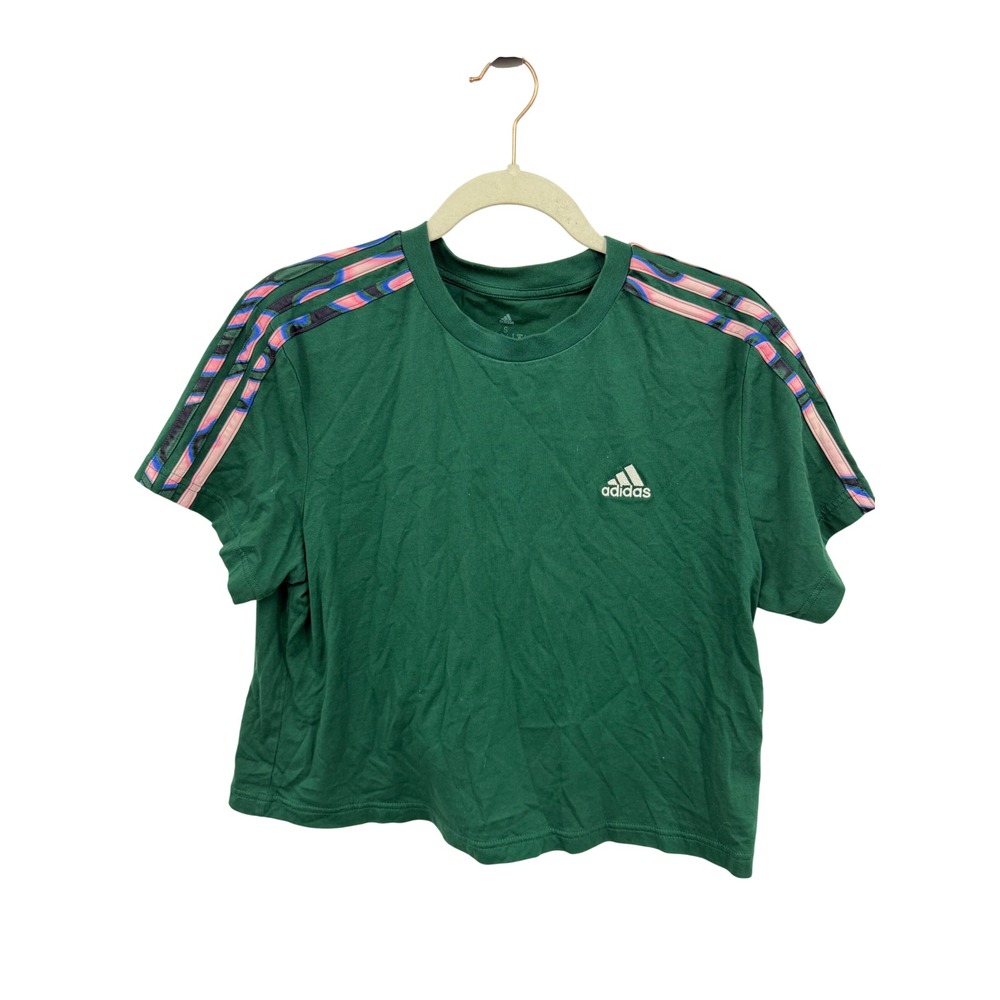 Adidas 3-Stripe Cropped T-Shirt Women Size S Green Pink Blue Swirl Athletic Tee